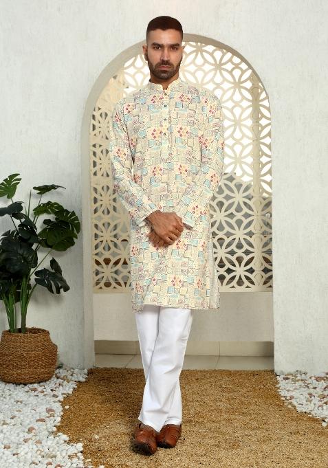Beige Abstract Cotton Kurta For Men — view on Indya