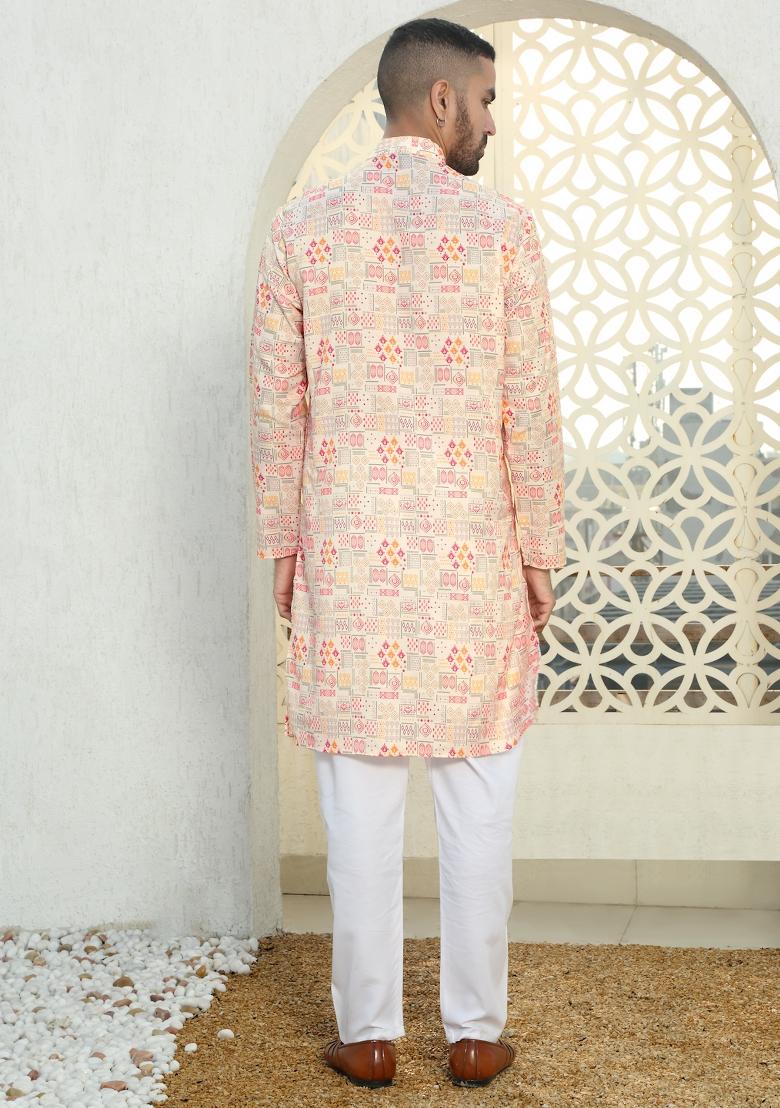 Peach Abstract Cotton Kurta For Men