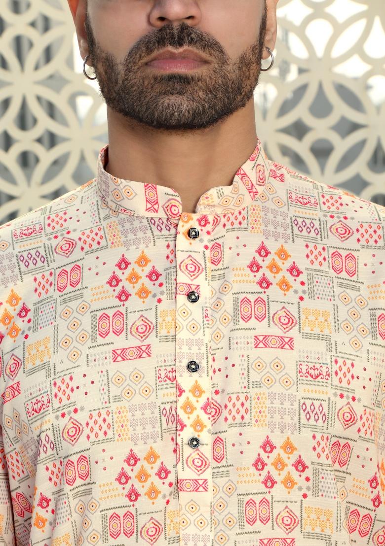 Peach Abstract Cotton Kurta For Men