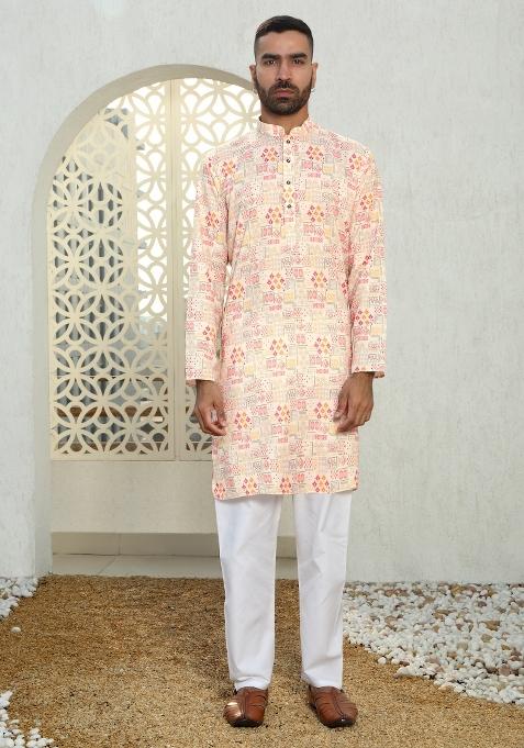 Peach Abstract Cotton Kurta For Men — view on Indya