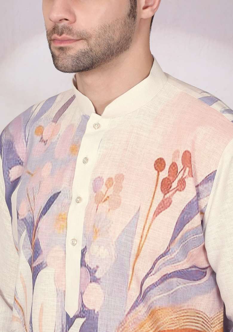 Beige Floral Cotton Kurta For Men - Indya