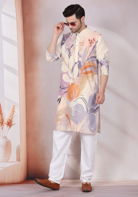 Beige Floral Cotton Kurta For Men