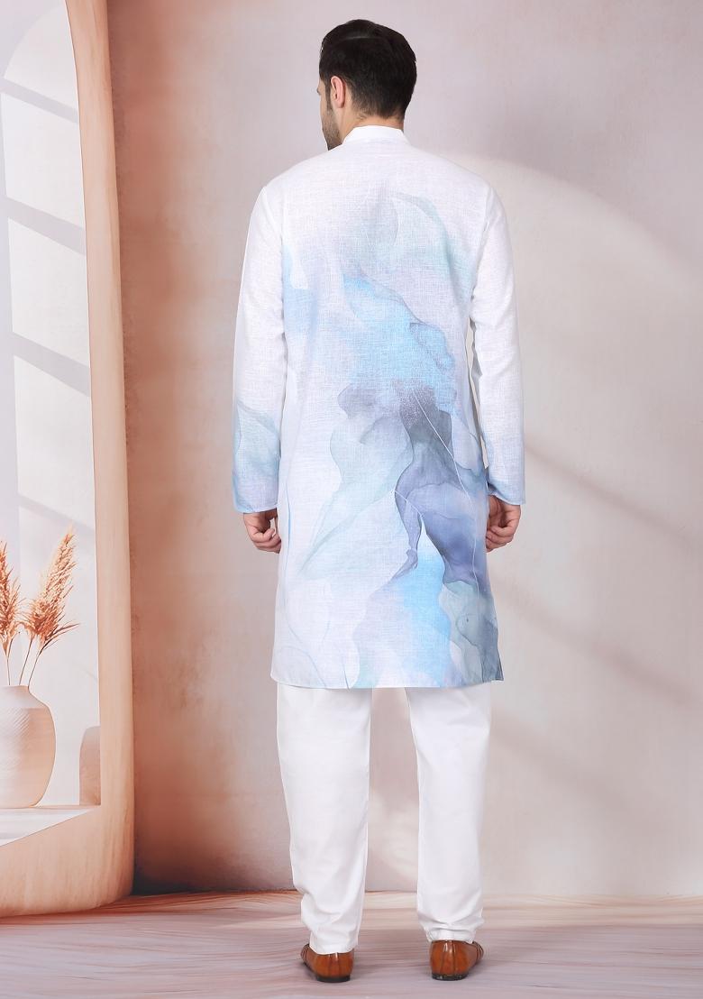 Blue Abstract Cotton Kurta For Men
