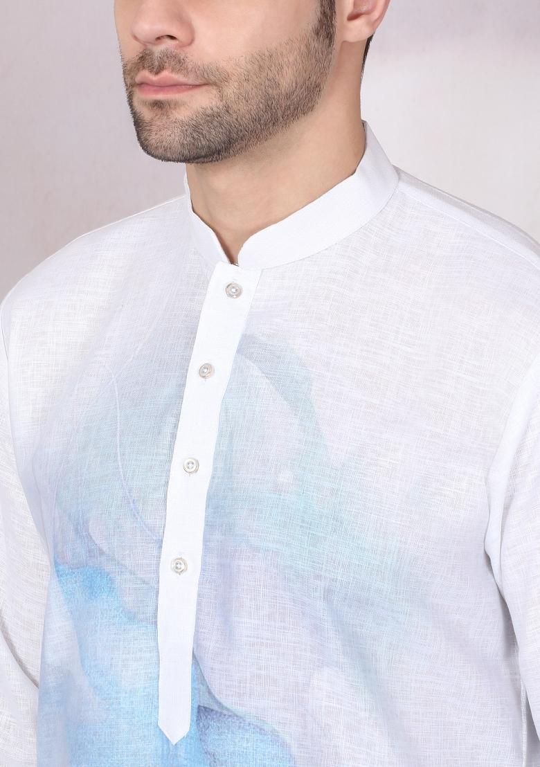 Blue Abstract Cotton Kurta For Men