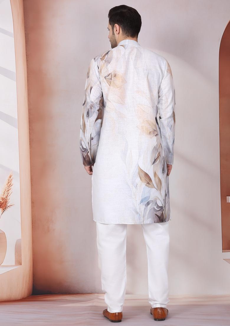 Grey Floral Cotton Kurta For Men