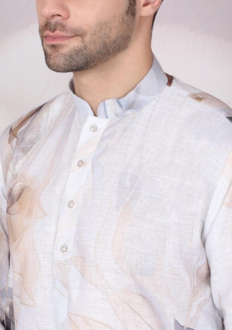 Grey Floral Cotton Kurta For Men