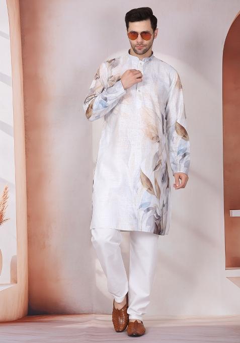 Grey Floral Cotton Kurta For Men — view on Indya