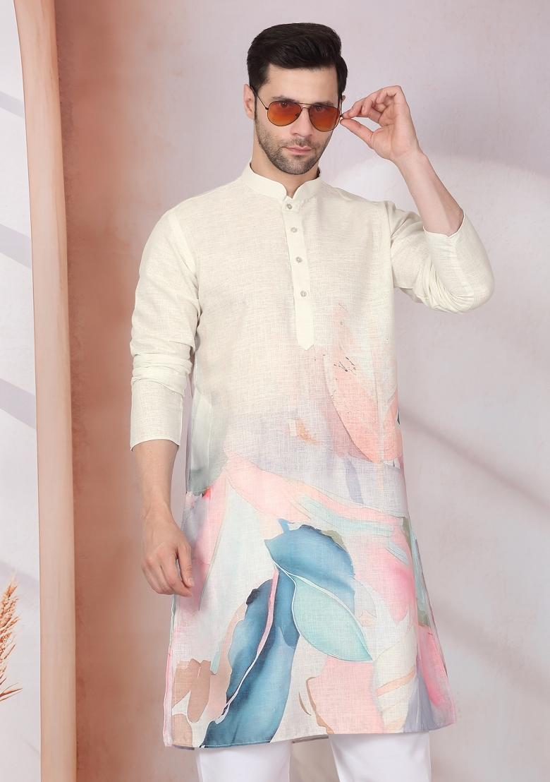 Cream Abstract Cotton Kurta For Men