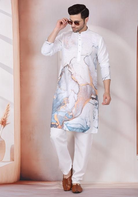 White Abstract Cotton Kurta For Men