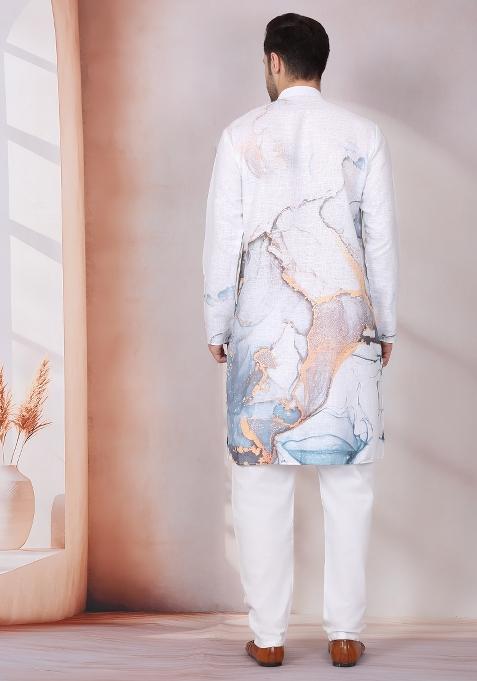 White Abstract Cotton Kurta For Men