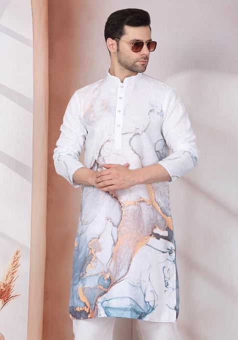 White Abstract Cotton Kurta For Men