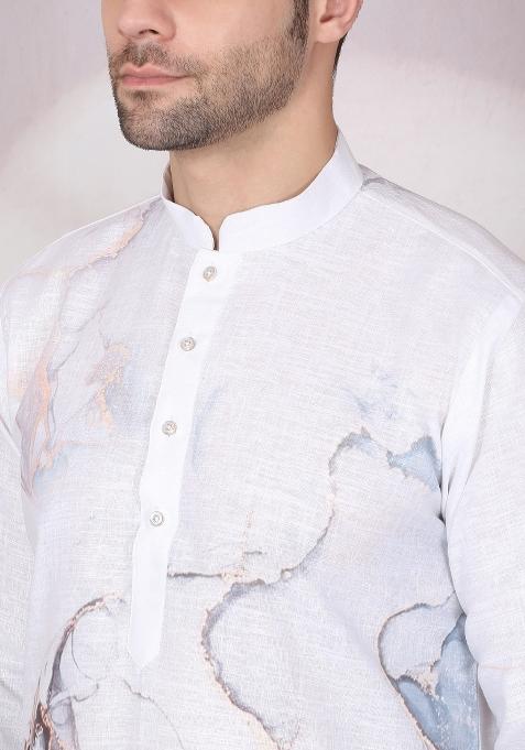 White Abstract Cotton Kurta For Men