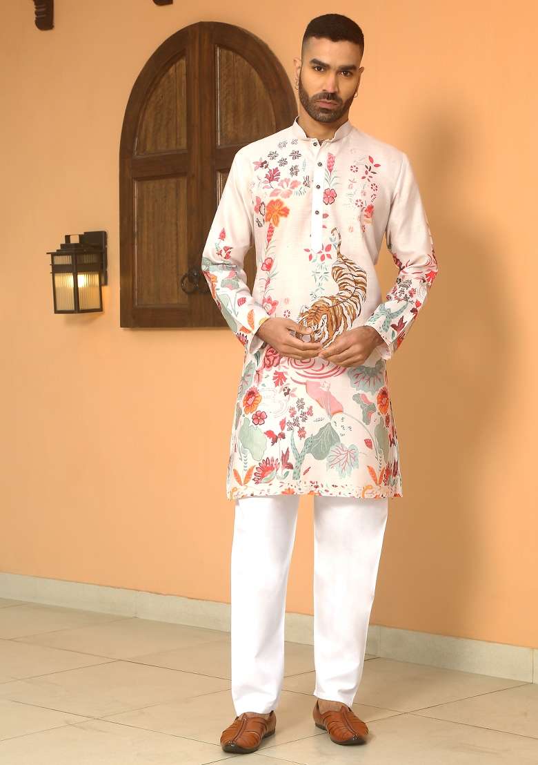 Beige Animal Cotton Kurta For Men - Indya