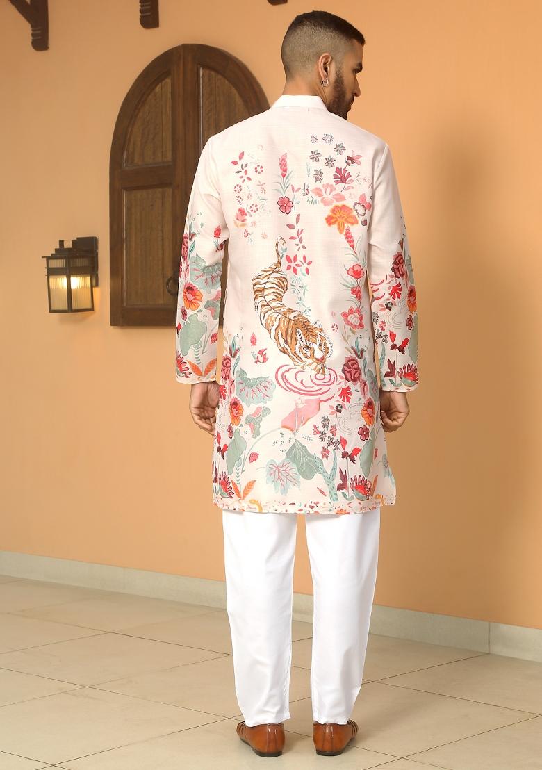 Beige Animal Cotton Kurta For Men