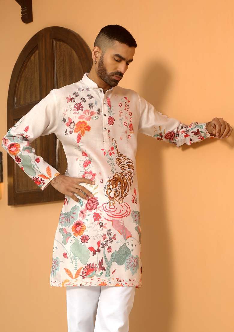 Beige Animal Cotton Kurta For Men - Indya