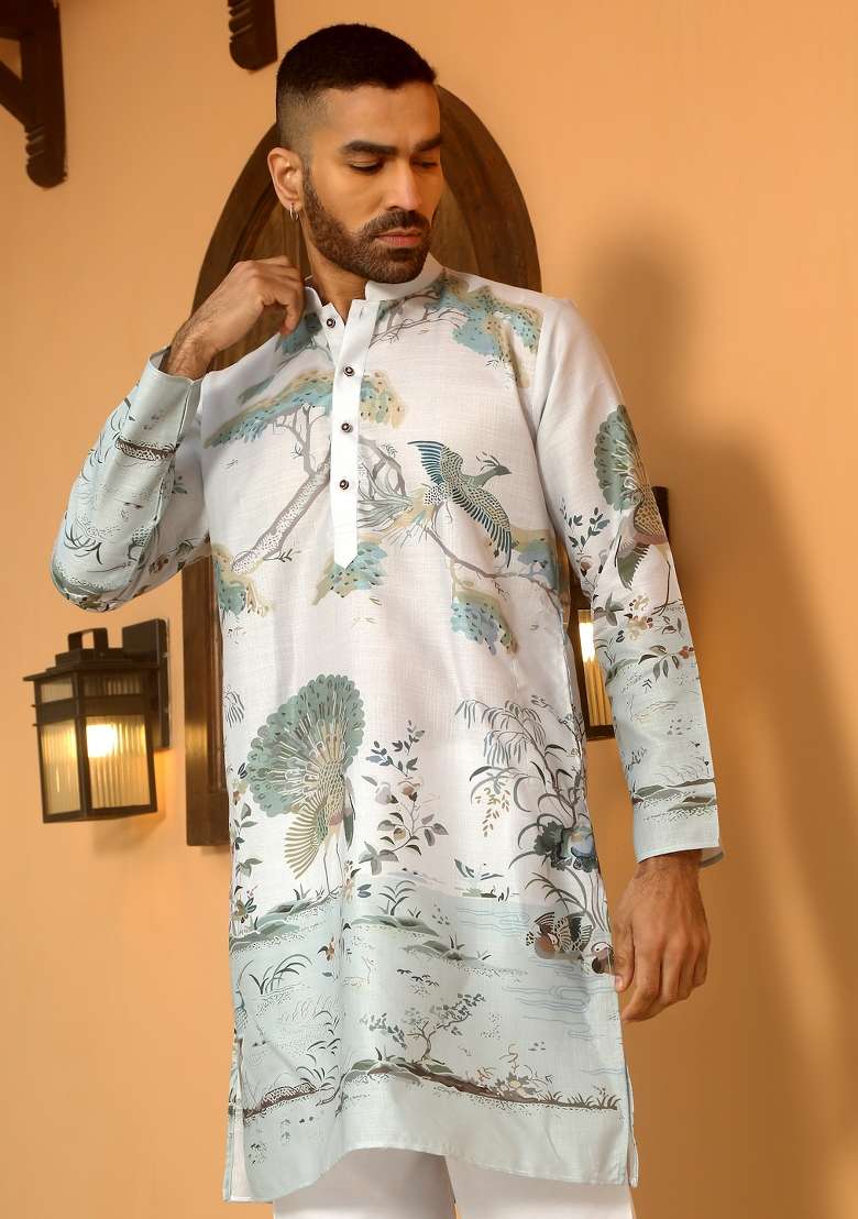 Grey Animal Cotton Kurta For Men - Indya