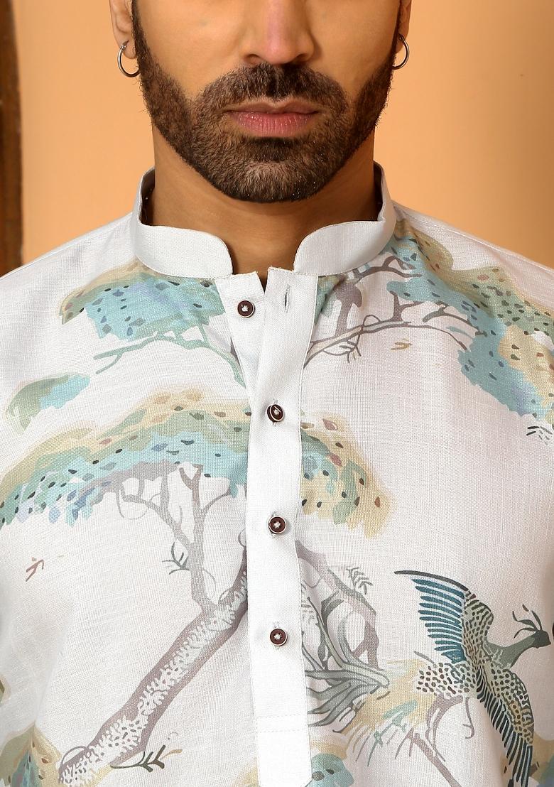 Grey Animal Cotton Kurta For Men