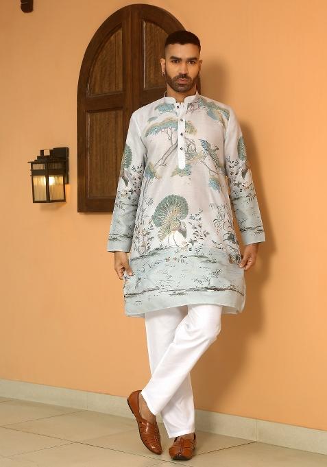 Grey Animal Cotton Kurta For Men