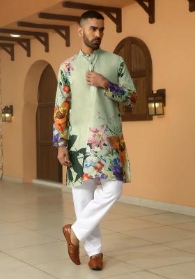 Mehendi Green Floral Cotton Kurta For Men