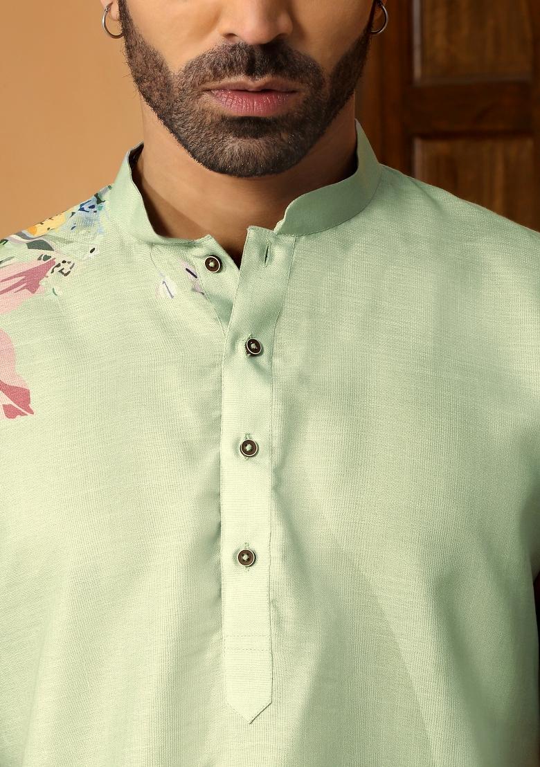 Mehendi Green Floral Cotton Kurta For Men