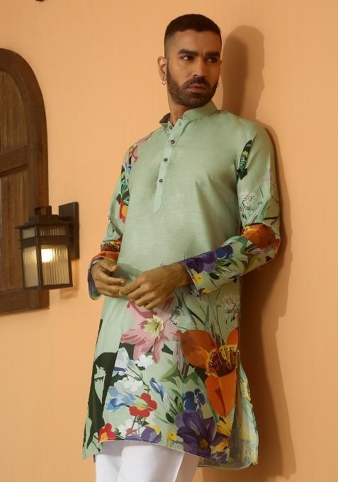 Mehendi Green Floral Cotton Kurta For Men
