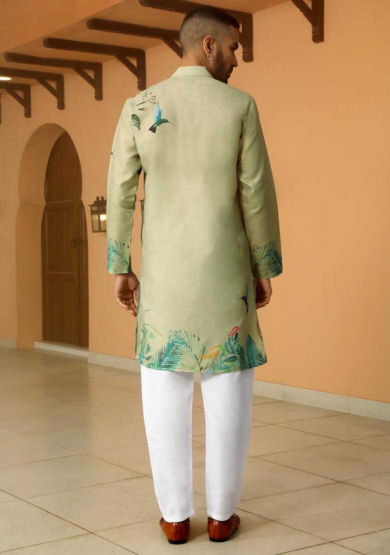 Olive Floral Cotton Kurta For Men