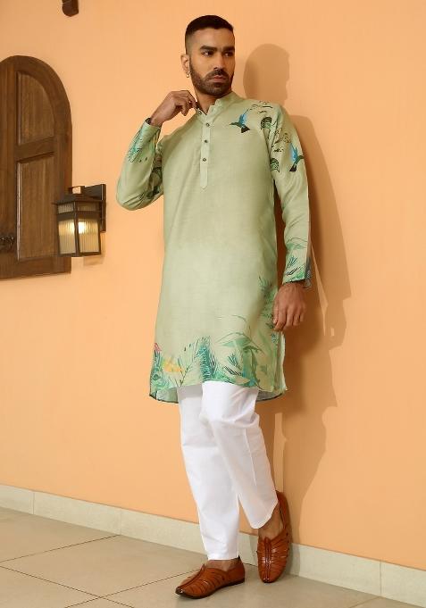 Olive Floral Cotton Kurta For Men