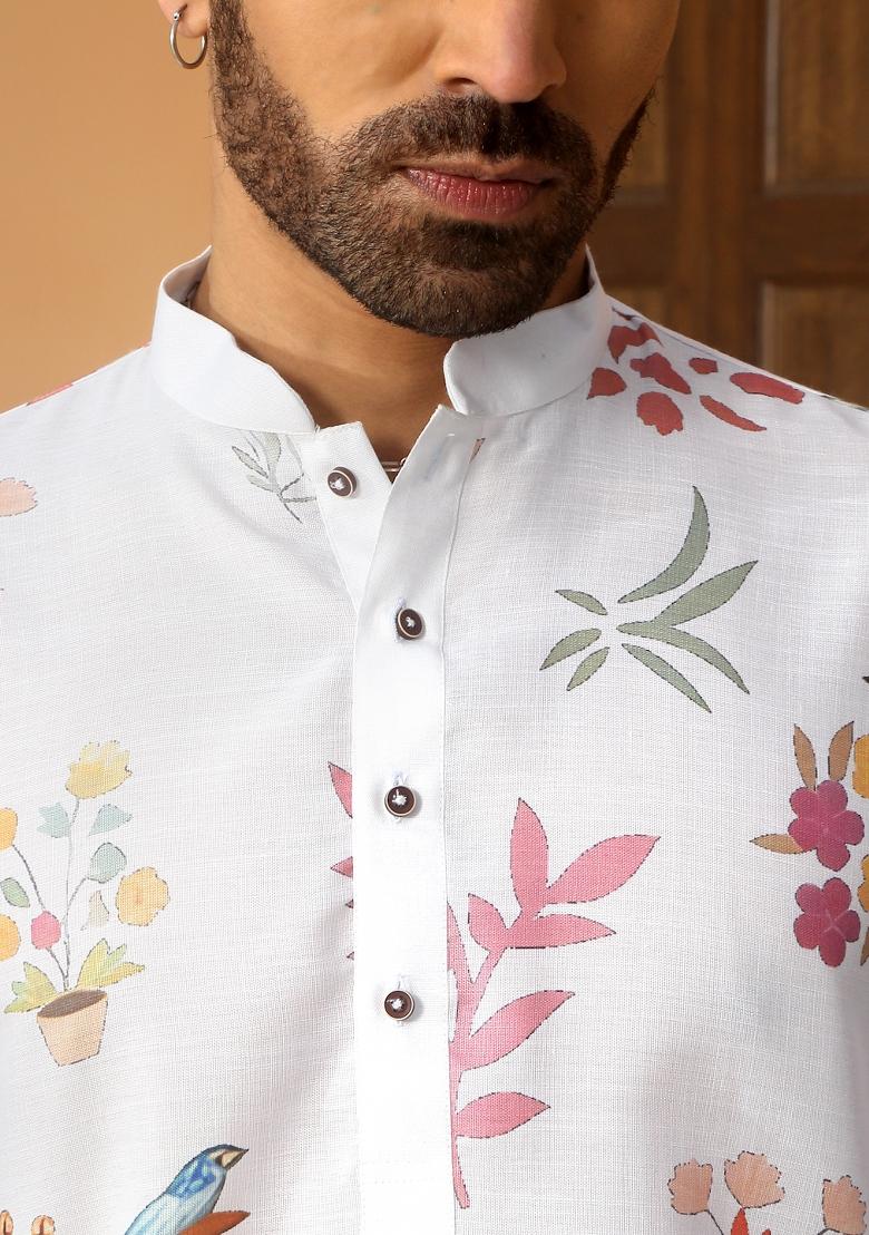 White Animal Cotton Kurta For Men