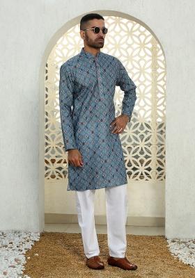Blue Floral Cotton Kurta For Men