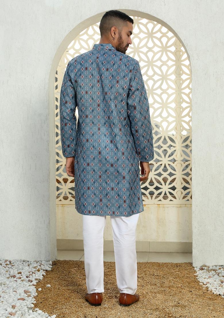 Blue Floral Cotton Kurta For Men