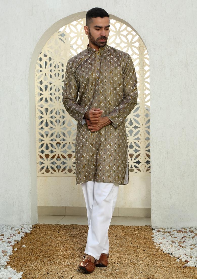 Brown Floral Cotton Kurta For Men