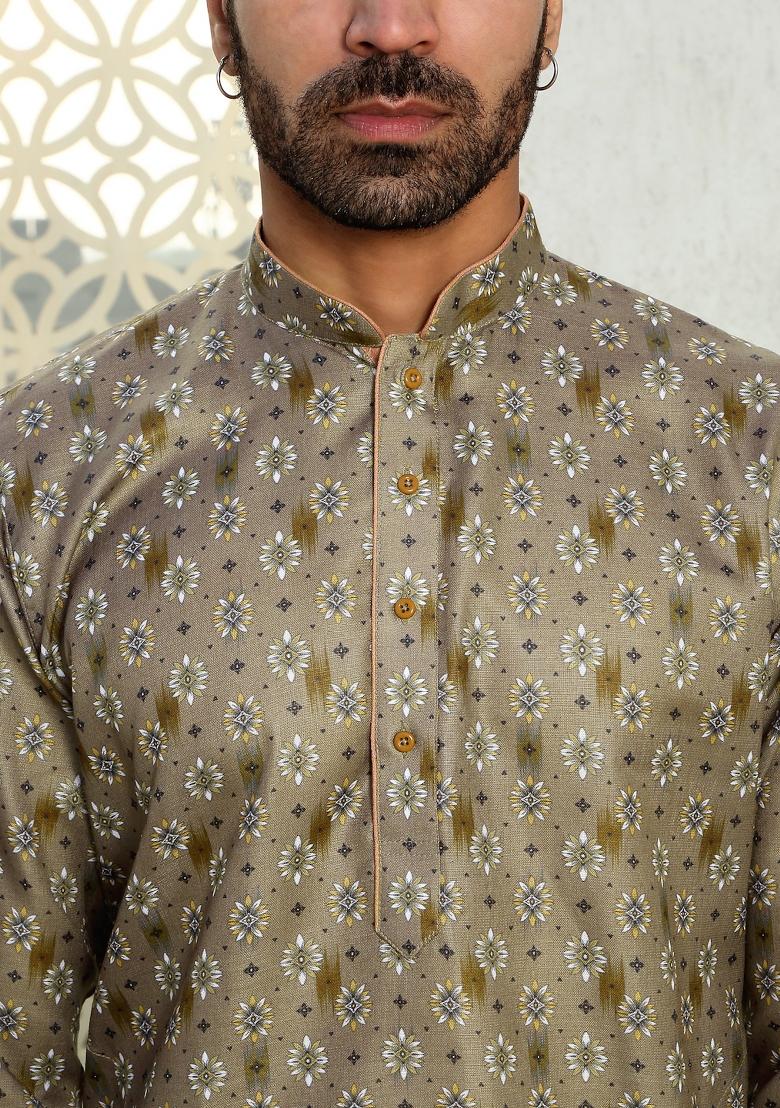 Brown Floral Cotton Kurta For Men