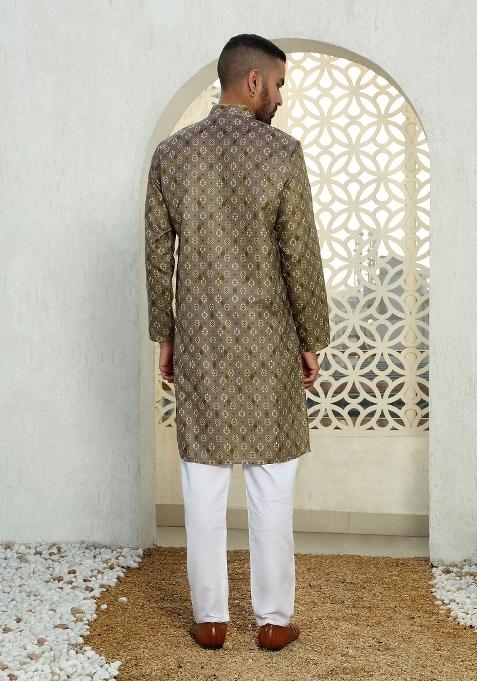 Brown Floral Cotton Kurta For Men