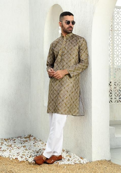 Brown Floral Cotton Kurta For Men