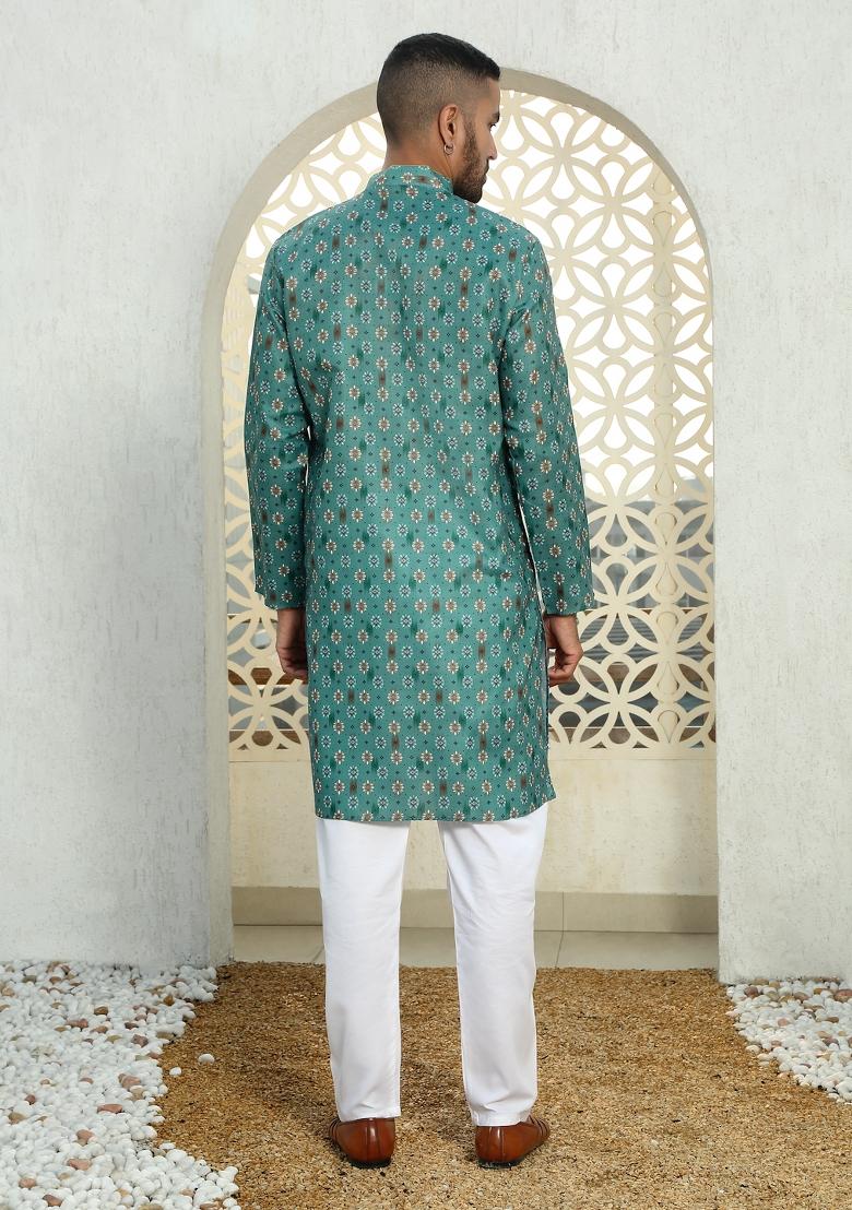 Green Floral Cotton Kurta For Men