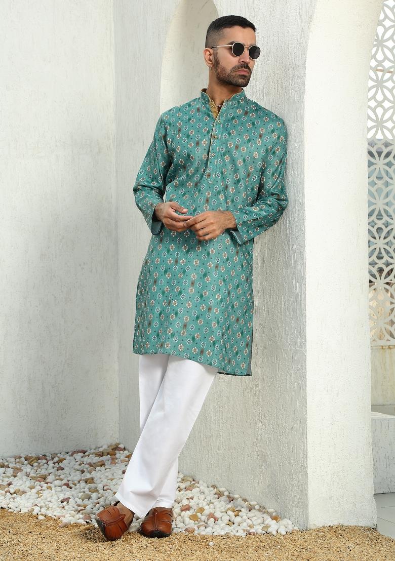 Green Floral Cotton Kurta For Men