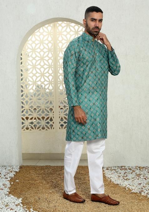 Green Floral Cotton Kurta For Men