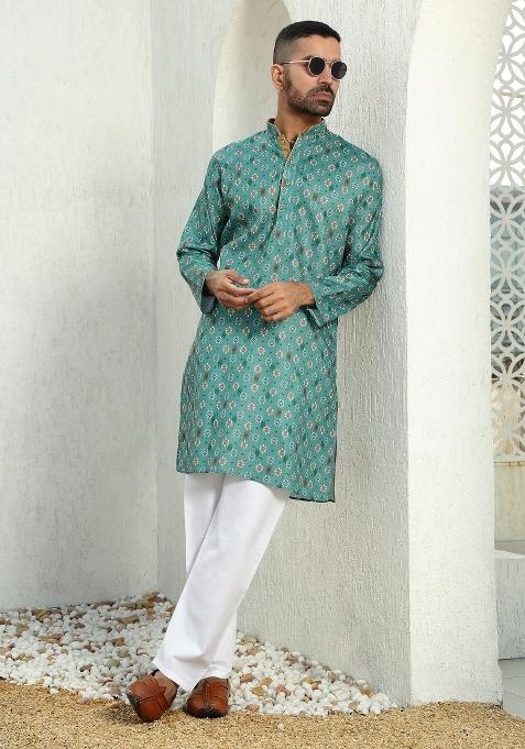 Green Floral Cotton Kurta For Men