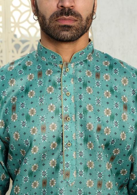 Green Floral Cotton Kurta For Men
