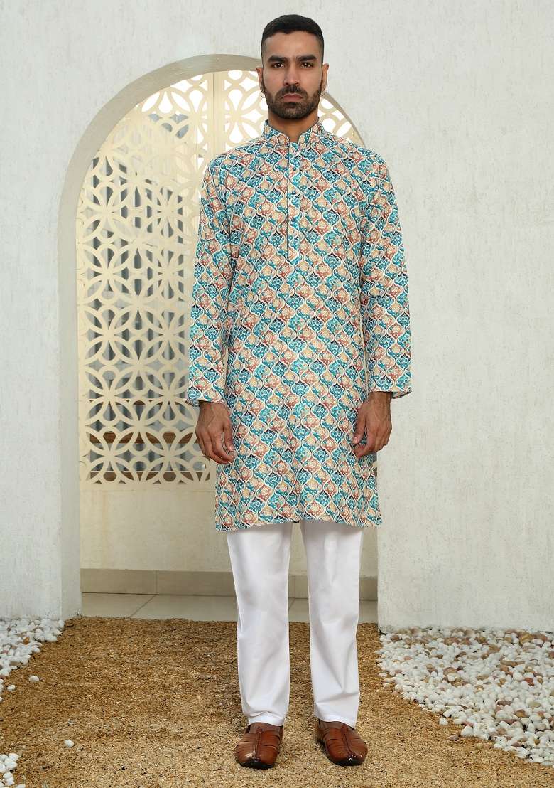 Multi Geometric Cotton Kurta For Men - Indya