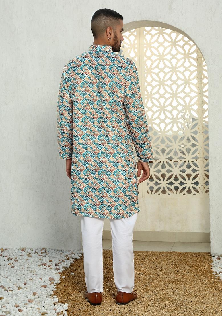 Multi Geometric Cotton Kurta For Men