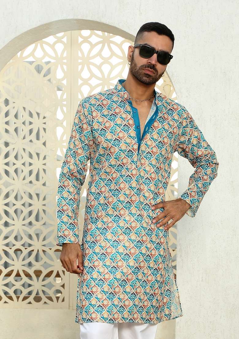 Multi Geometric Cotton Kurta For Men - Indya