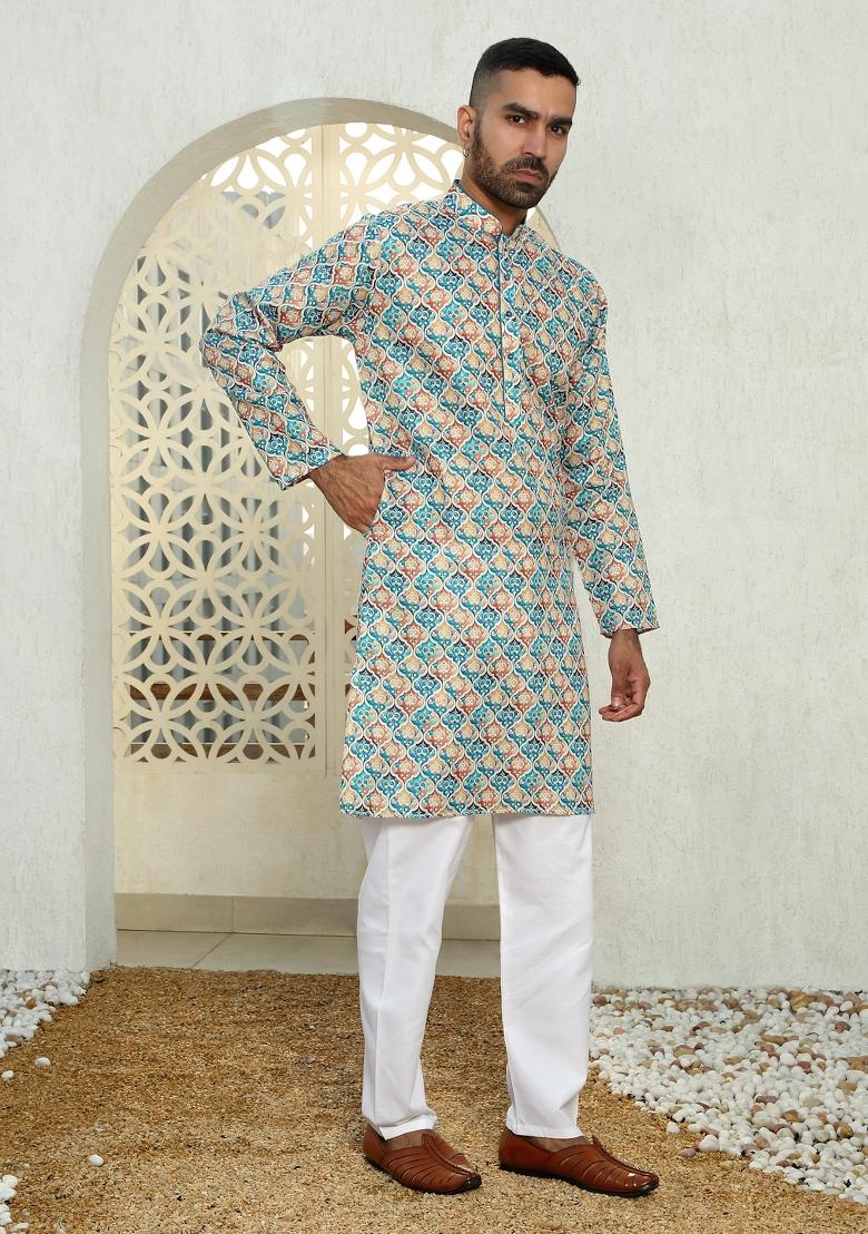 Multi Geometric Cotton Kurta For Men