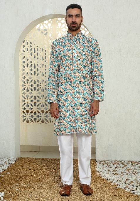 Multi Geometric Cotton Kurta For Men