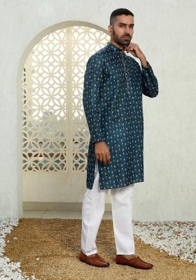 Blue Floral Cotton Kurta For Men