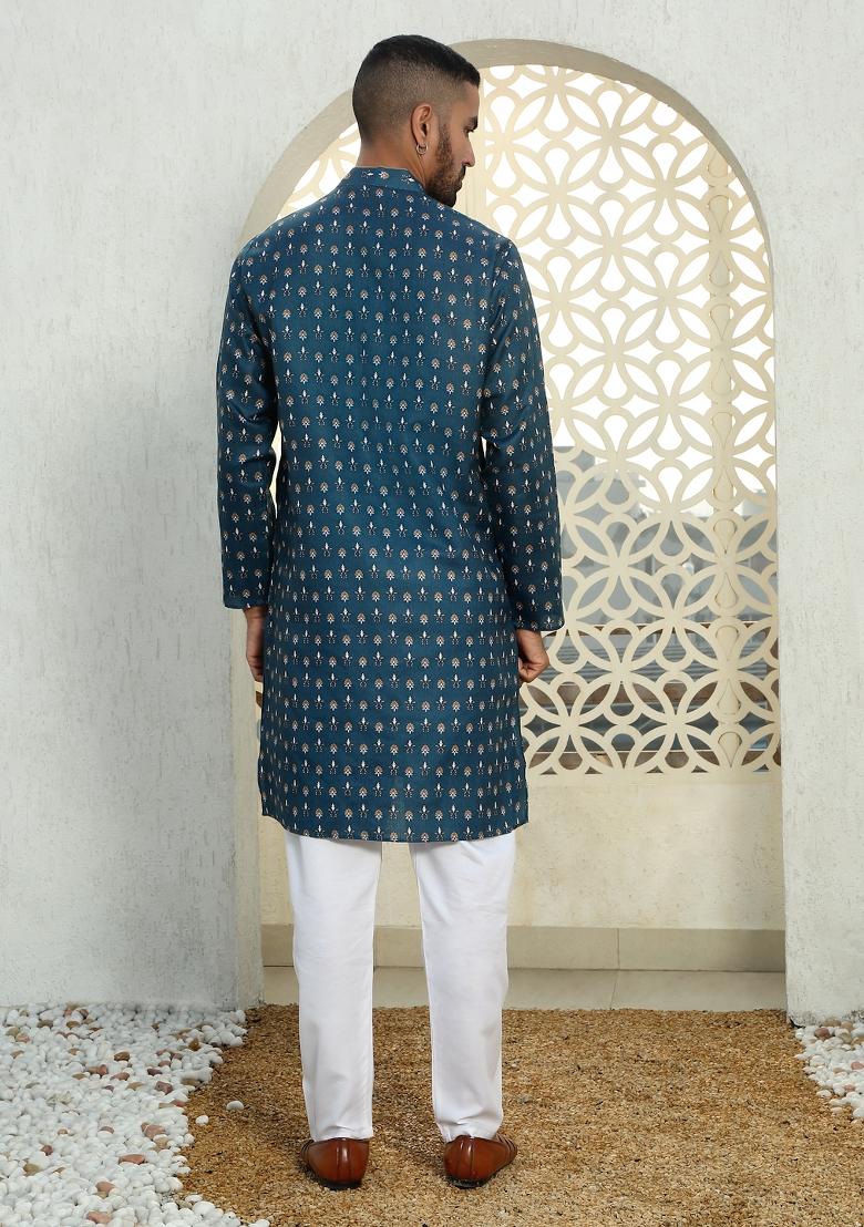 Blue Floral Cotton Kurta For Men
