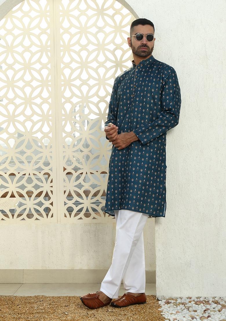Blue Floral Cotton Kurta For Men