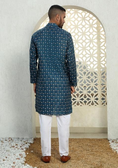 Blue Floral Cotton Kurta For Men