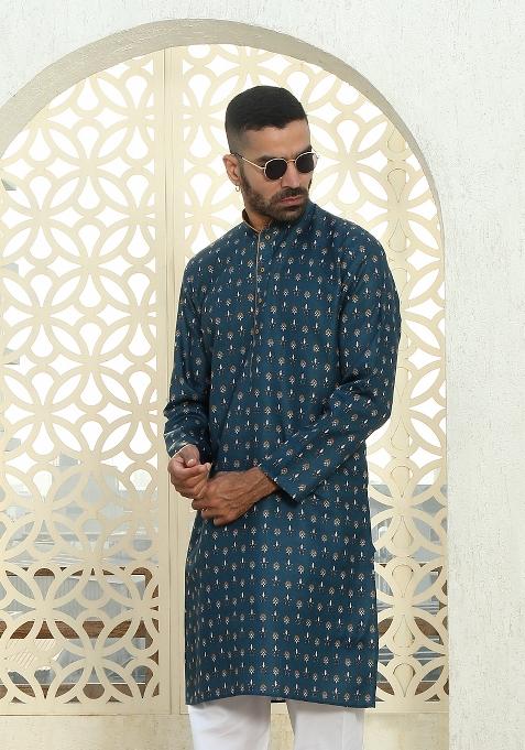 Blue Floral Cotton Kurta For Men