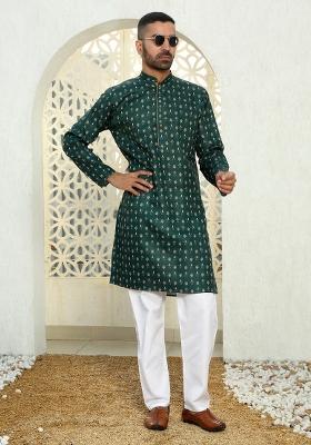 Mehendi Green Floral Cotton Kurta For Men